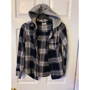 Ardene Plaid Hooded Flannel Shirt Black Grey White XS Button Up Hoodie